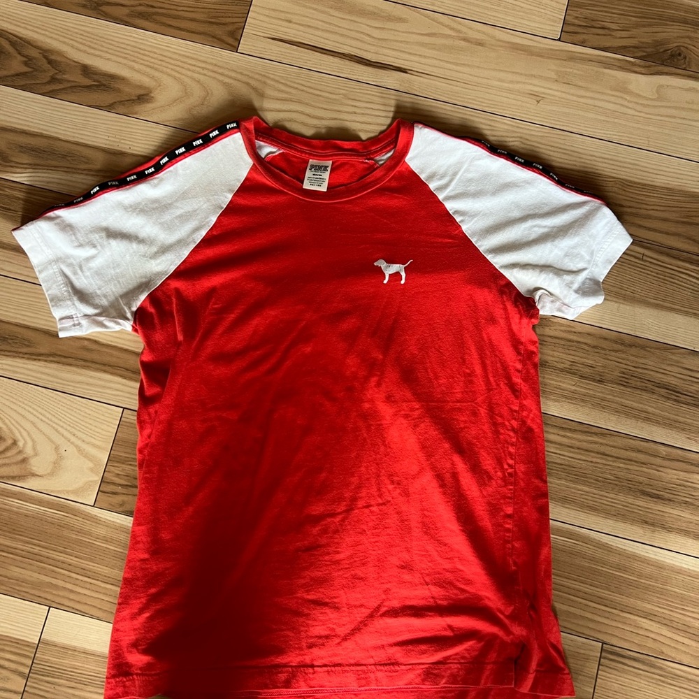 PINK Victoria's Secret Red and White Raglan Tee